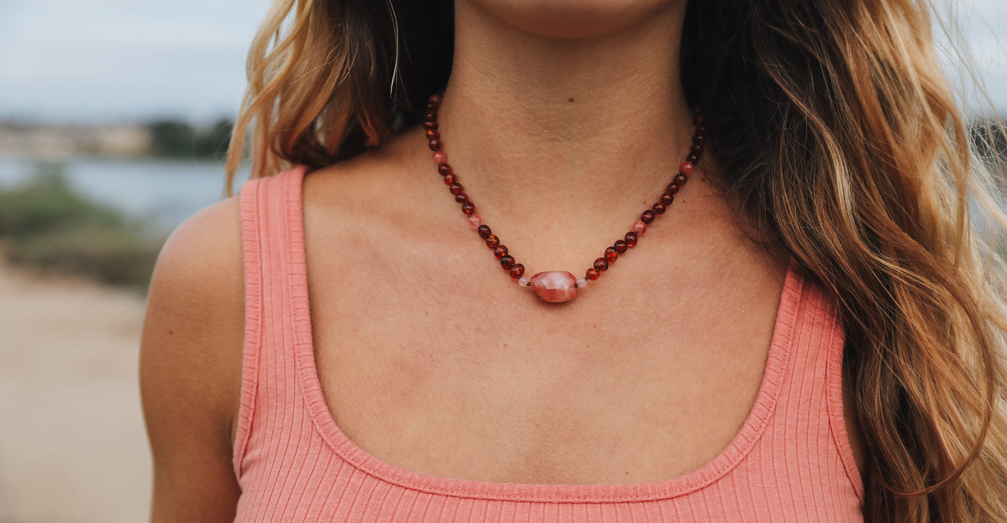 Cognac + Cherry Baltic Sea Amber + Rose Quartz Necklace