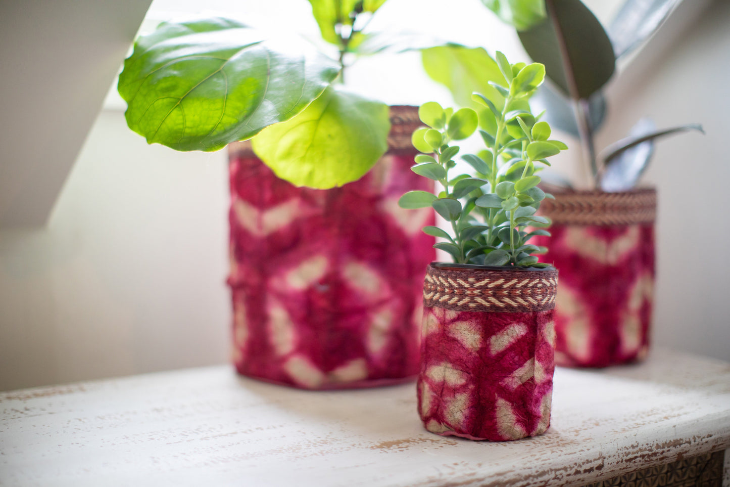 Wild Silk Shibori Baskets | Turtle Pattern - Ruby & Natural