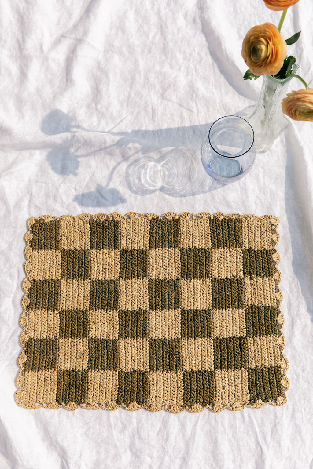 Green checked Placemat | Rectangular raffia tabletop