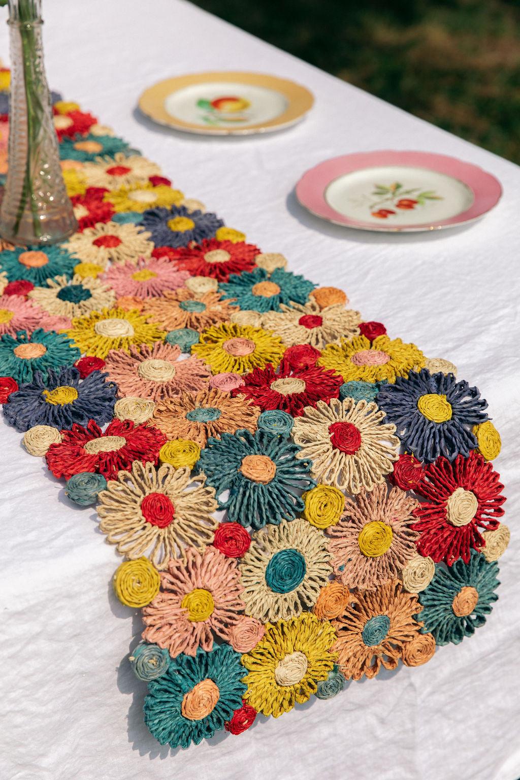 Fleur Raffia Flower Table Runner | Multicolor Flowers Woven Tabletop