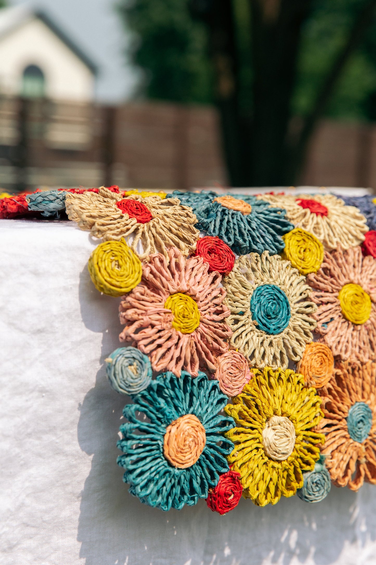 Fleur Raffia Flower Table Runner | Multicolor Flowers Woven Tabletop