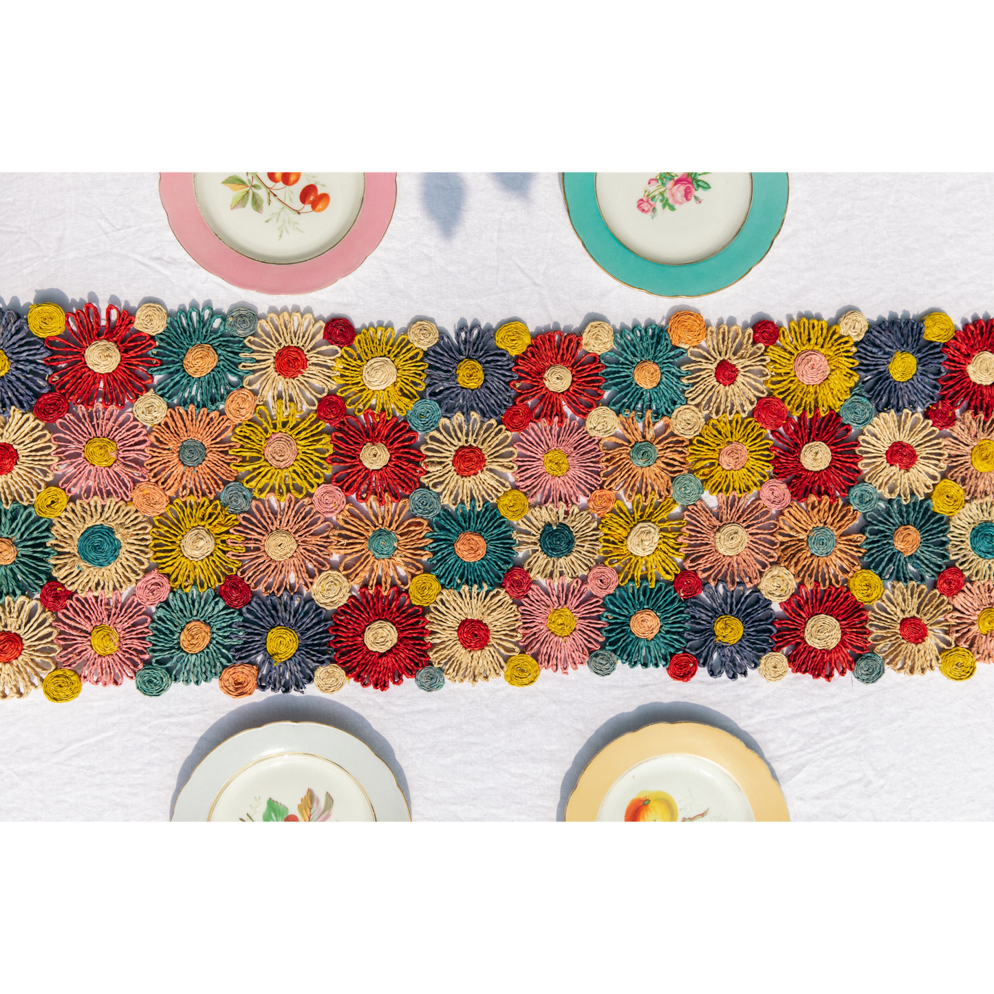 Fleur Raffia Flower Table Runner | Multicolor Flowers Woven Tabletop