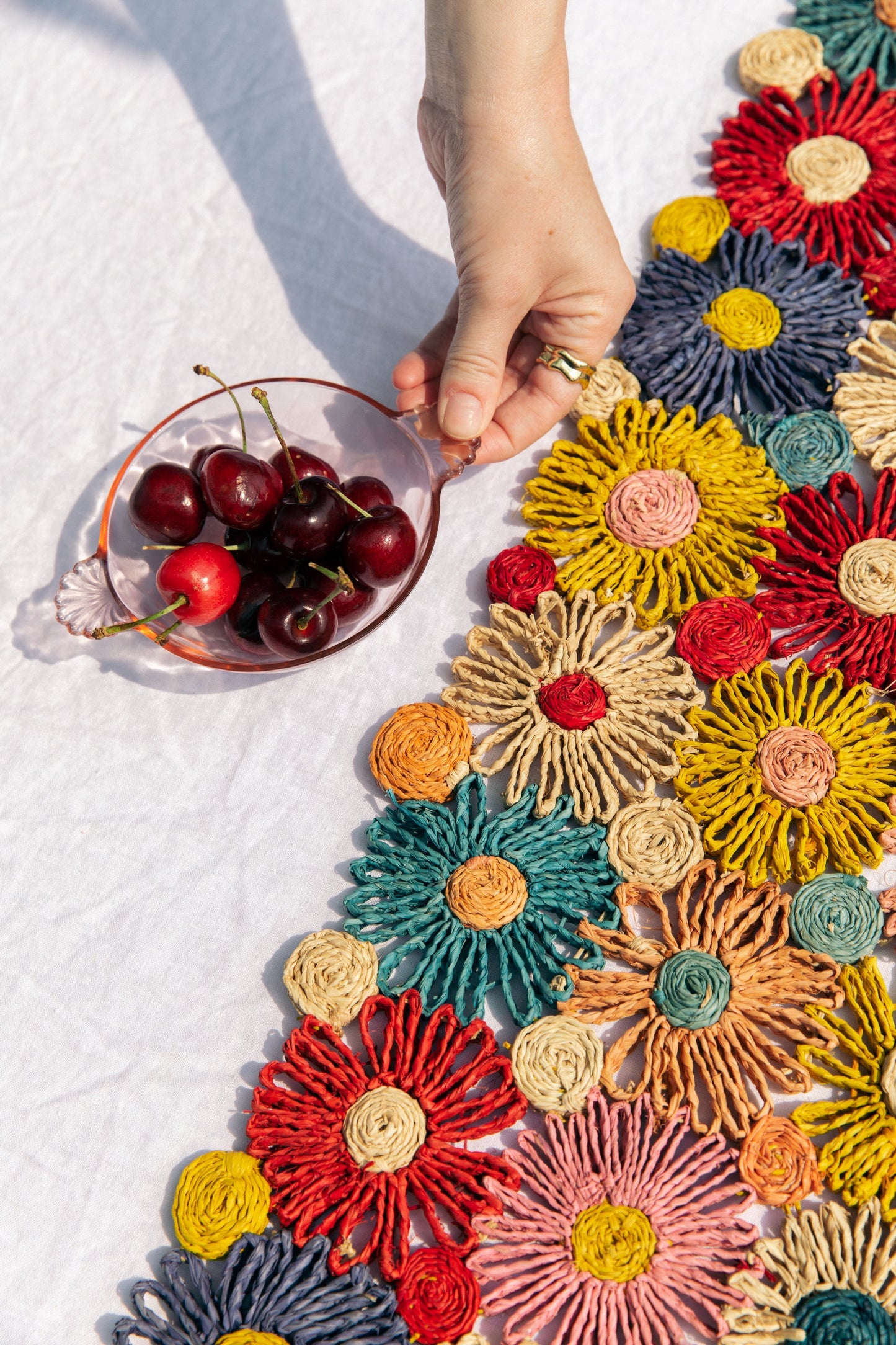 Fleur Raffia Flower Table Runner | Multicolor Flowers Woven Tabletop