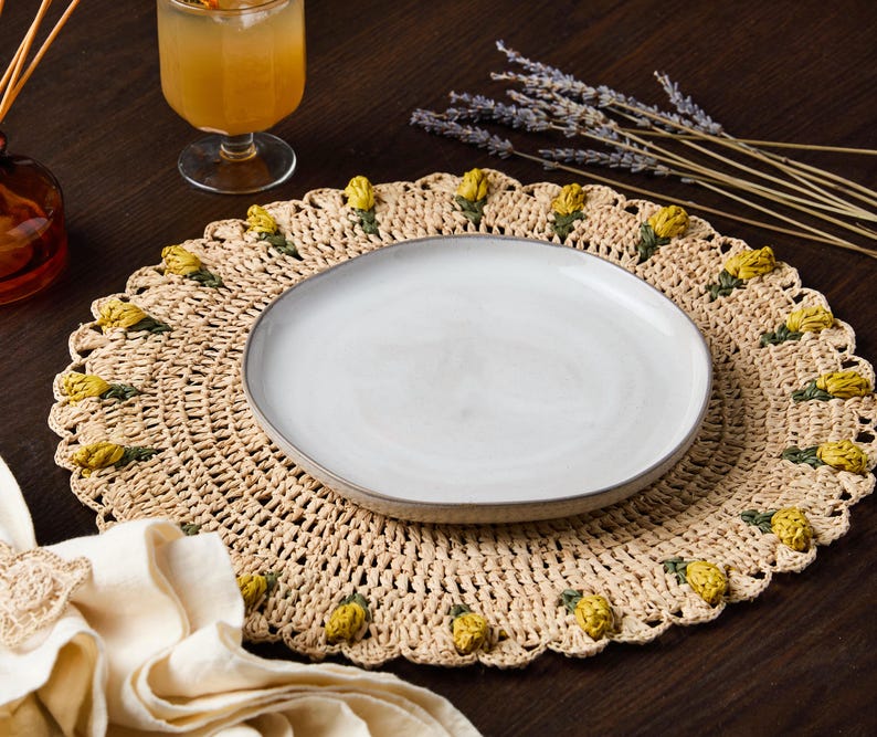 Handmade Tulip Placemat | Raffia Crochet Floral Table Mat