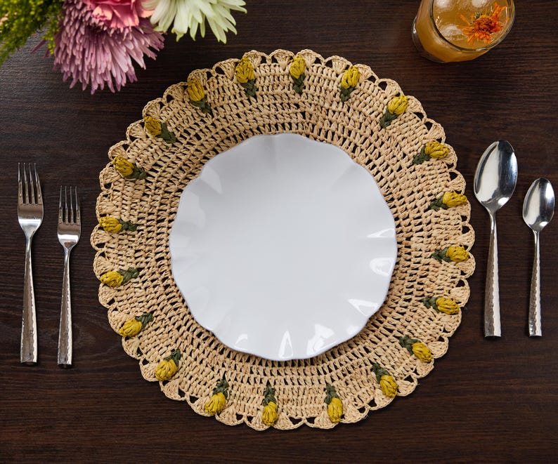 Handmade Tulip Placemat | Raffia Crochet Floral Table Mat