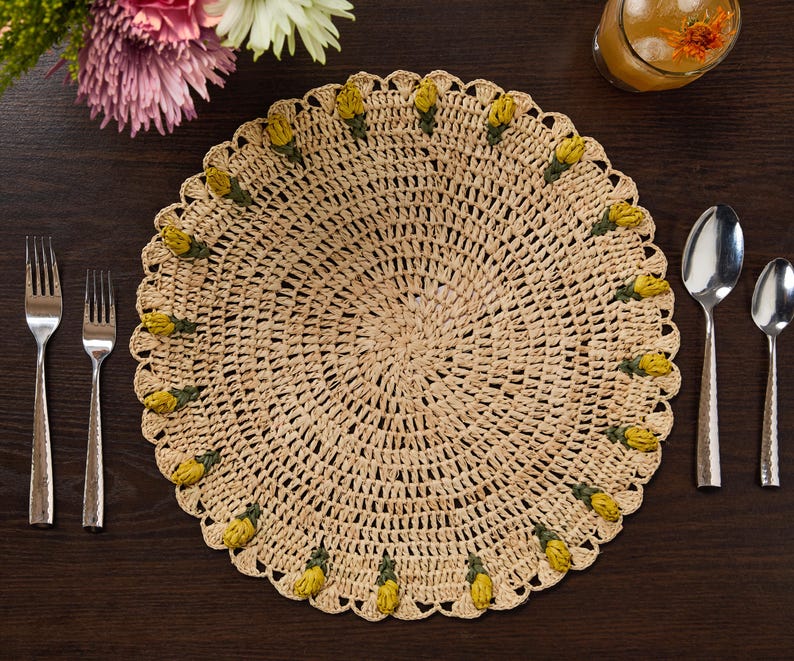 Handmade Tulip Placemat | Raffia Crochet Floral Table Mat