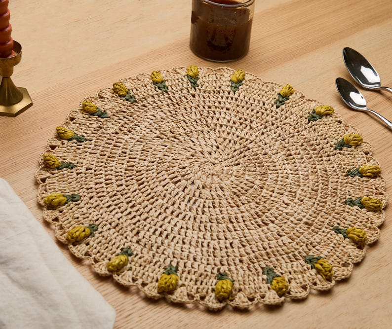Handmade Tulip Placemat | Raffia Crochet Floral Table Mat