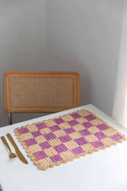 Lavender checked Placemat | Rectangular raffia tabletop