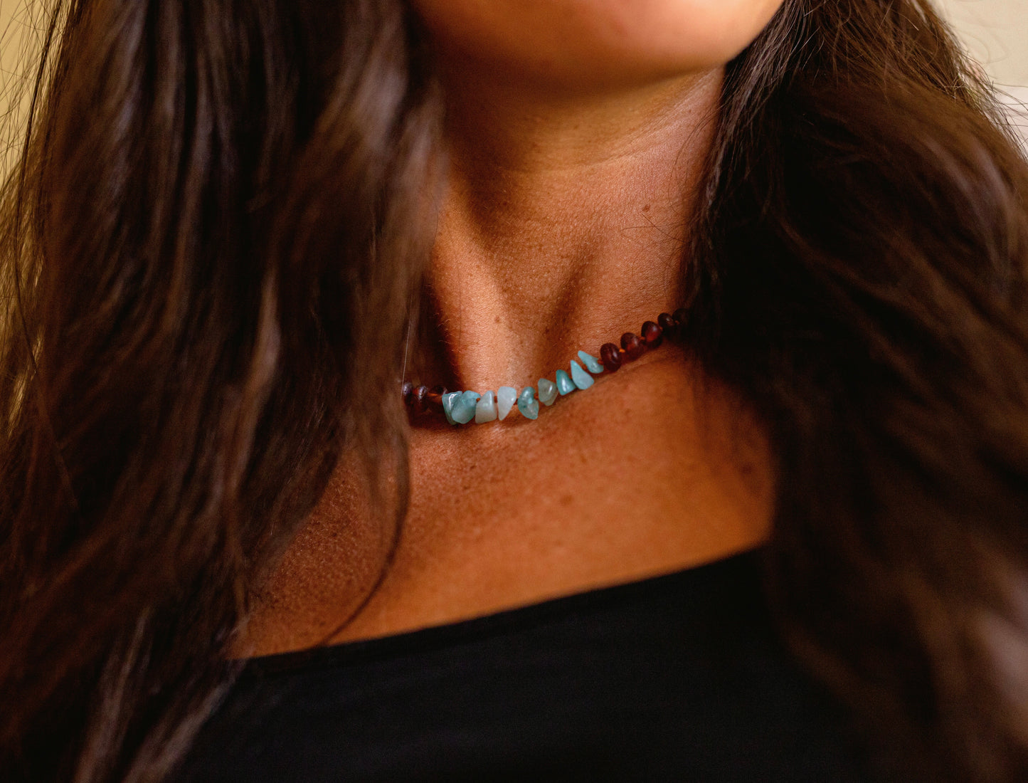 Raw Cognac Baltic Amber + Aquamarine Necklace