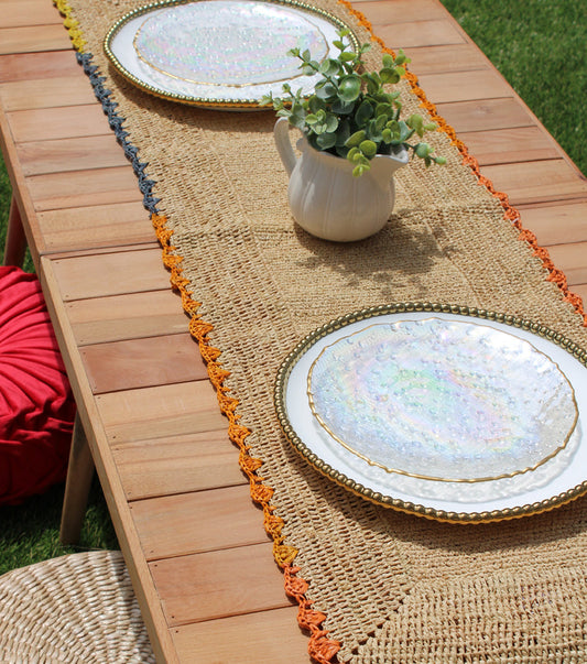 Aura Raffia table Runner | colorful edge tabletop