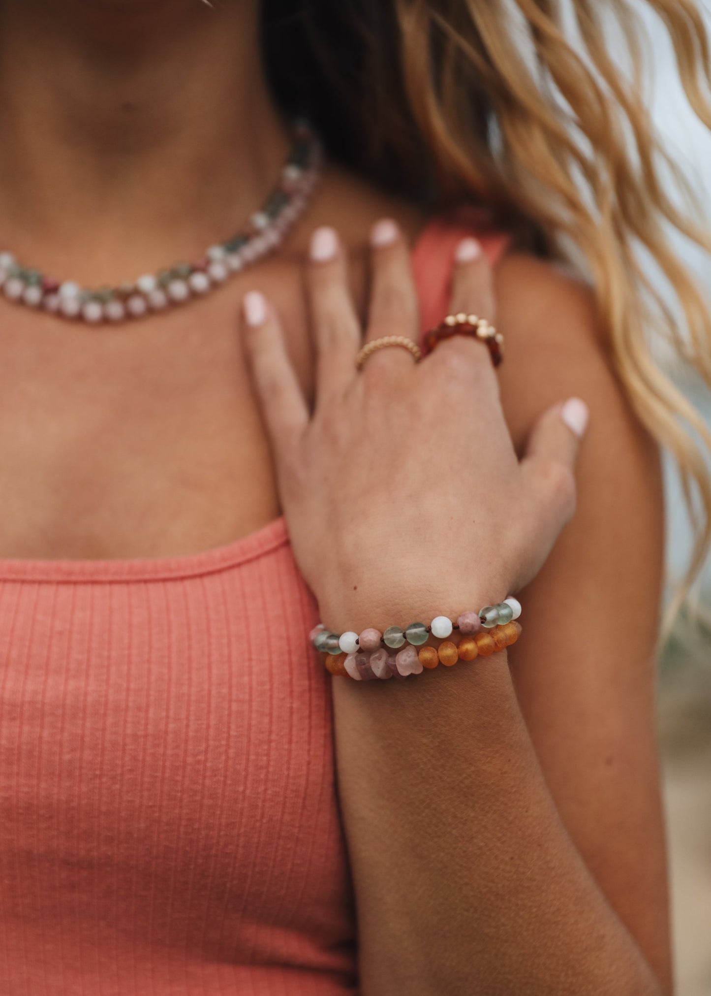 Fluorite + Moonstone + Rhodonite Natural Gemstone Necklace