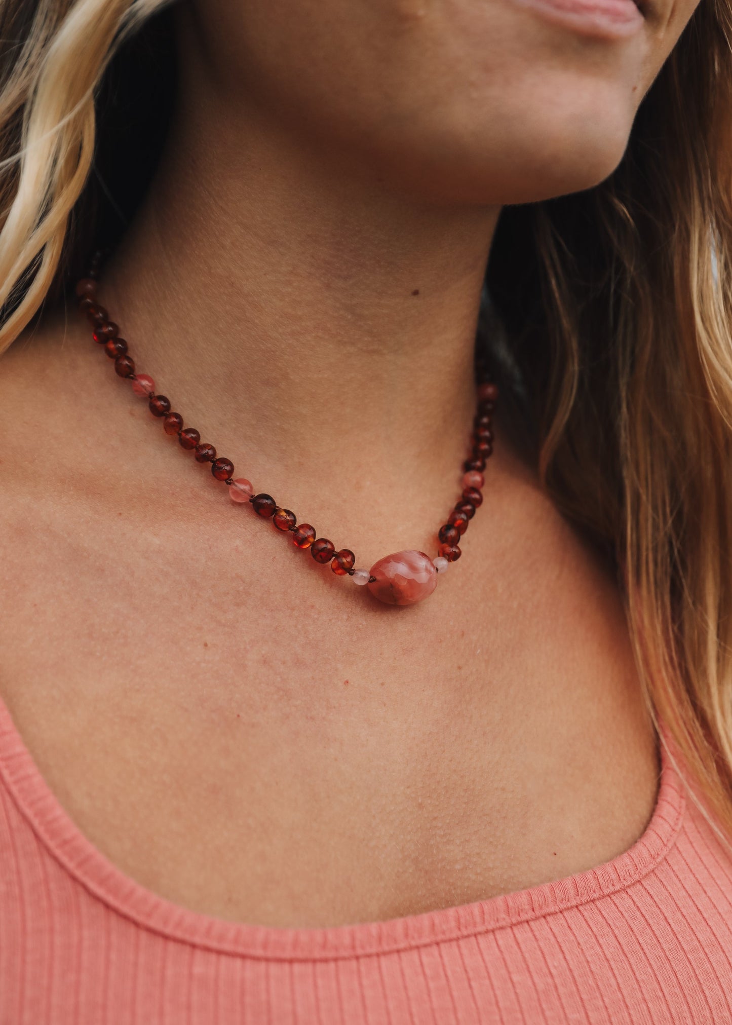 Cognac + Cherry Baltic Amber + Rose Quartz Necklace | Adult + Child Set