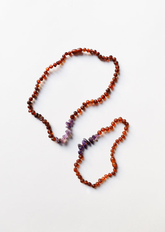 Raw Cognac Baltic Amber + Raw Amethyst Necklace Set