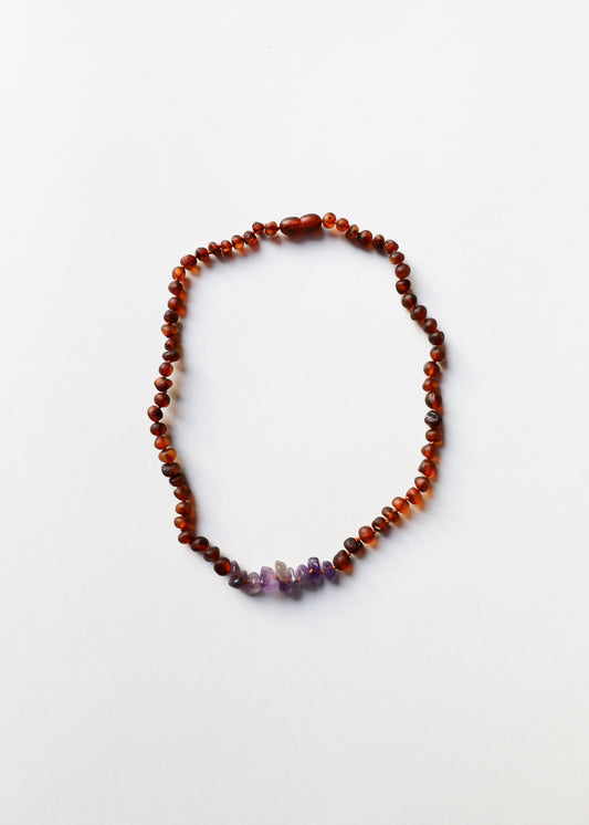 Raw Cognac Baltic Amber + Raw Amethyst Necklace