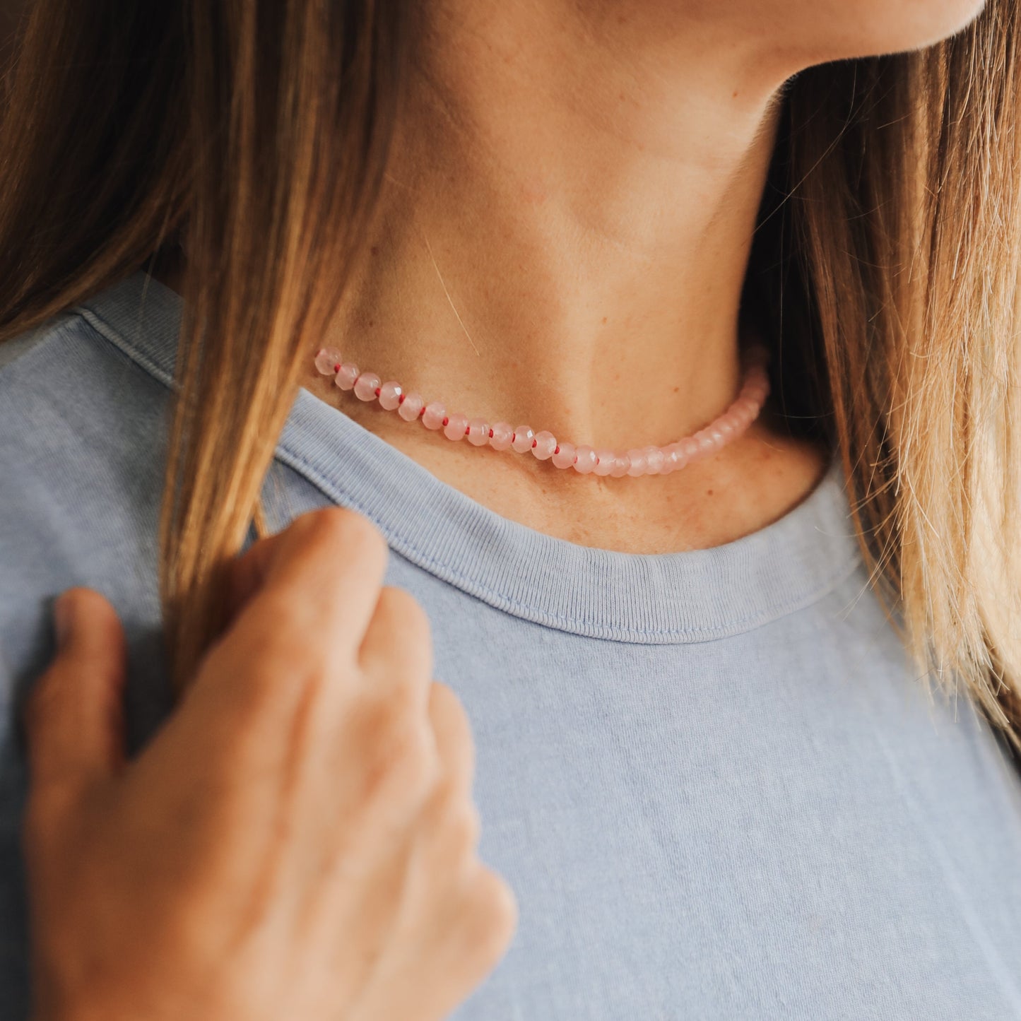 Rose Quartz Natural Gemstone Necklace + 14k Gold Filled Toggle