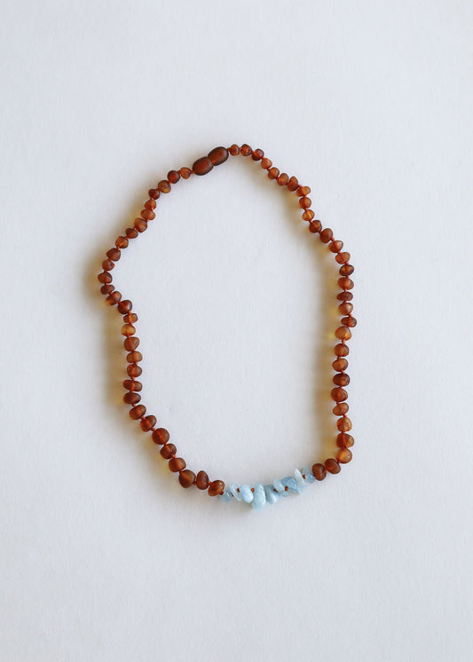 Raw Cognac Baltic Amber + Aquamarine Necklace