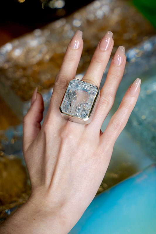 Square Goliath Ring in Striated Crystal | Silver