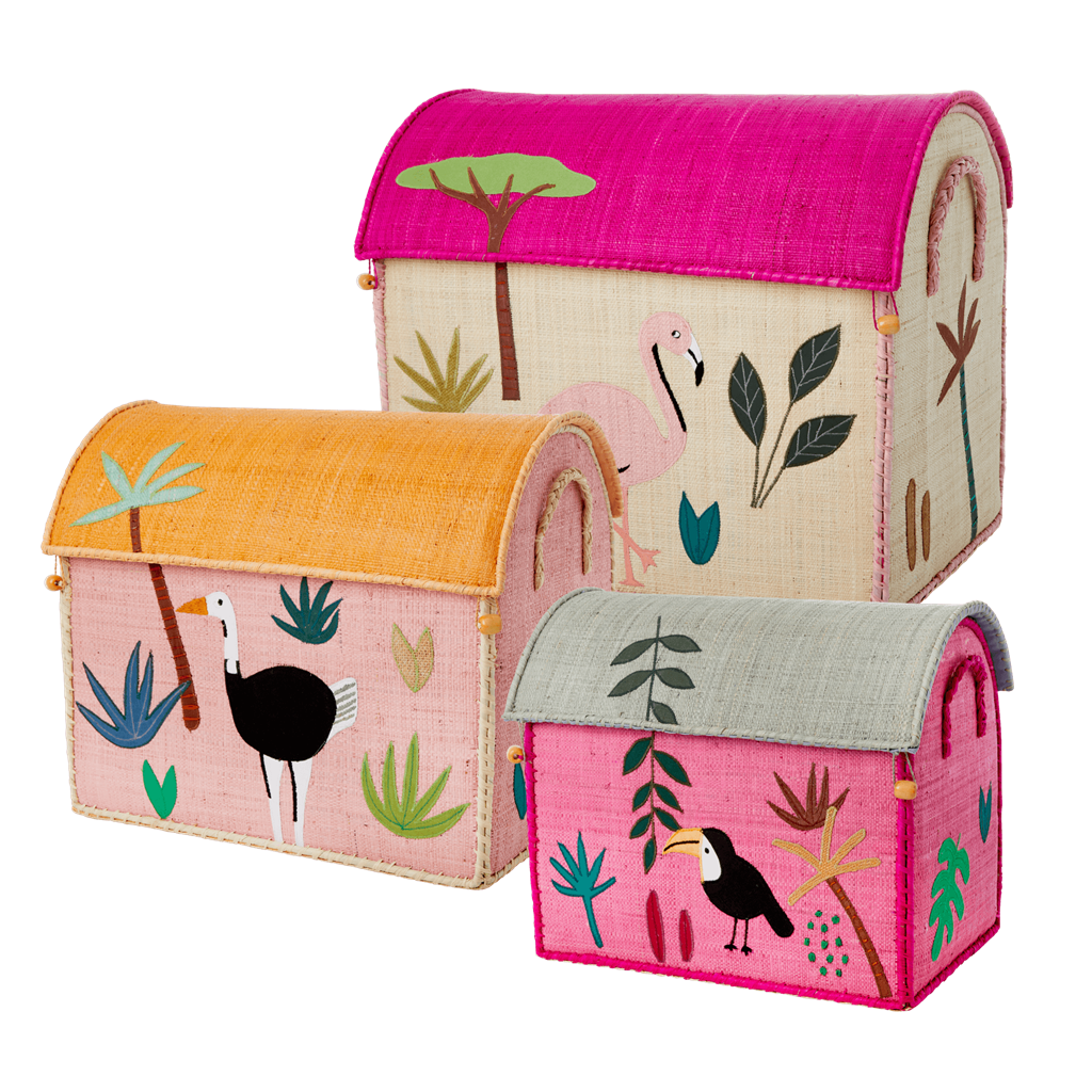 Raffia Storage Baskets with Jungle Pink Theme - Set of 3