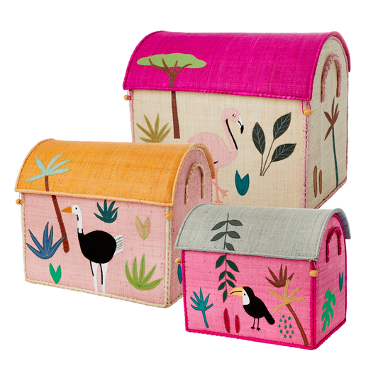 Raffia Storage Baskets with Jungle Pink Theme - Set of 3