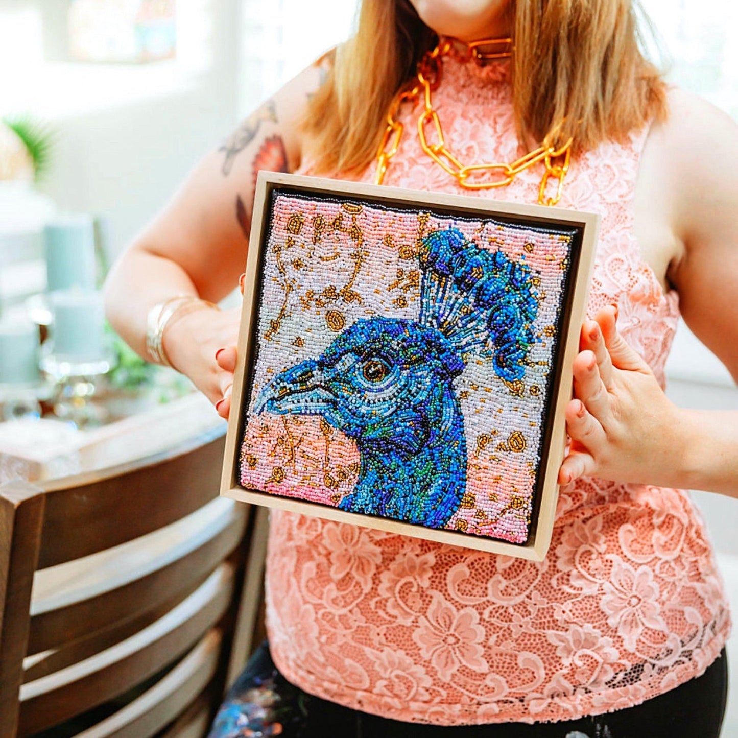 Golden Hour Peacock | Fully Beaded Artwork