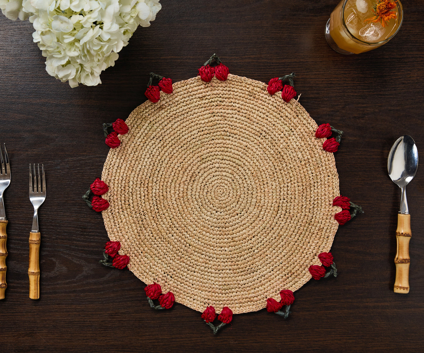 Cherry Scalloped Edge Placemat | Hand-Crocheted Raffia