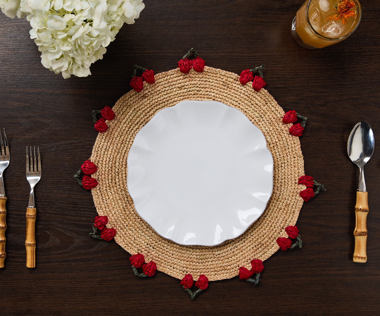 Cherry Scalloped Edge Placemat | Hand-Crocheted Raffia