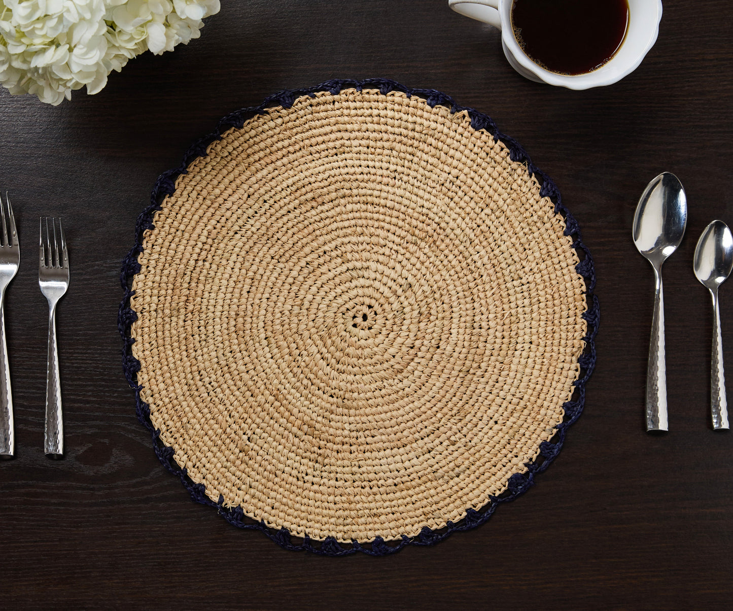Handwoven Aura Blue Edge Placemat | Rustic Woven Raffia Tabletop Decor