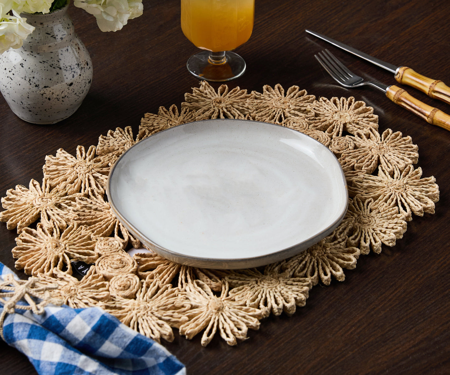 Fleur Raffia Placemat | Natural Color Flowers Woven Tabletop