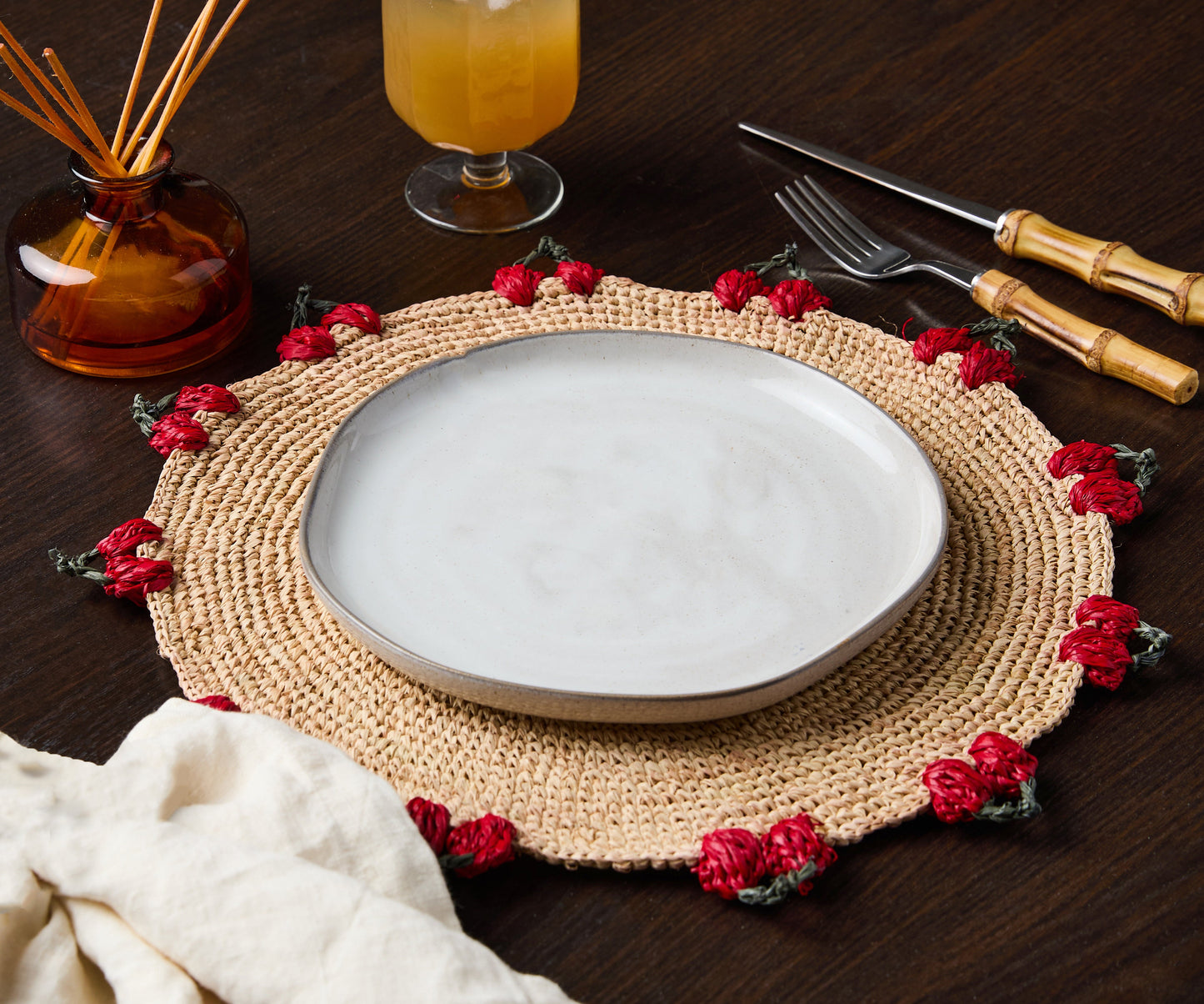 Cherry Scalloped Edge Placemat | Hand-Crocheted Raffia