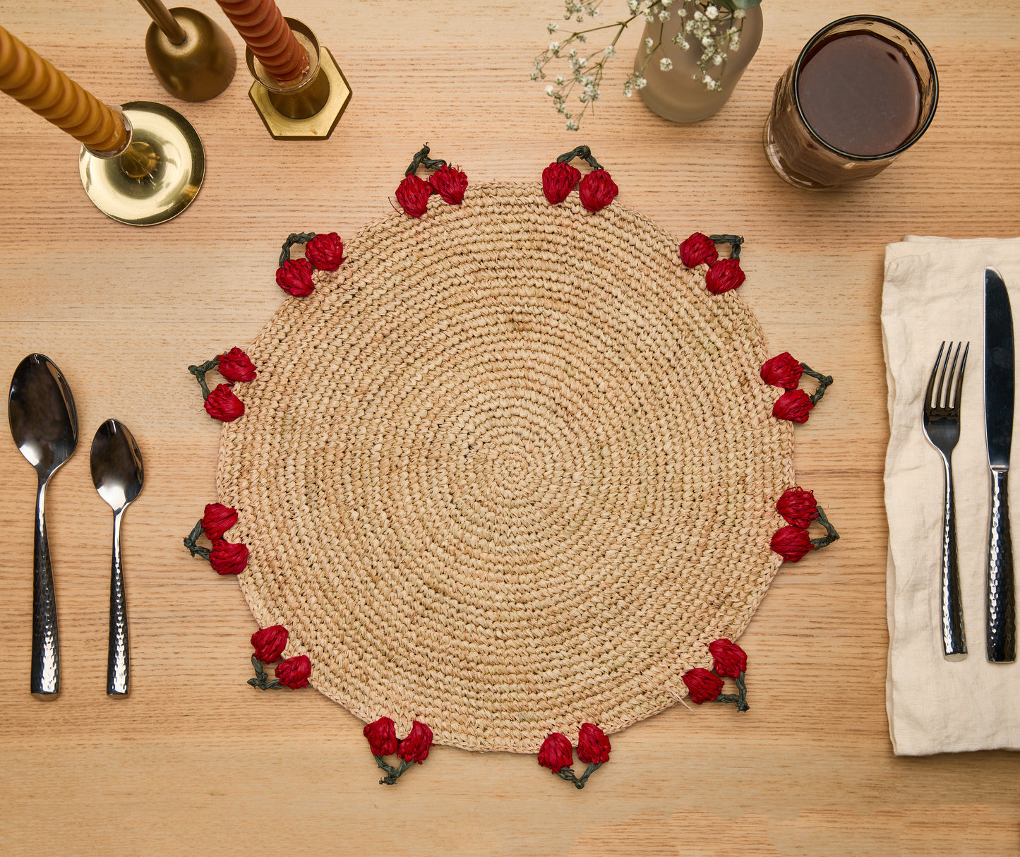 Cherry Scalloped Edge Placemat | Hand-Crocheted Raffia