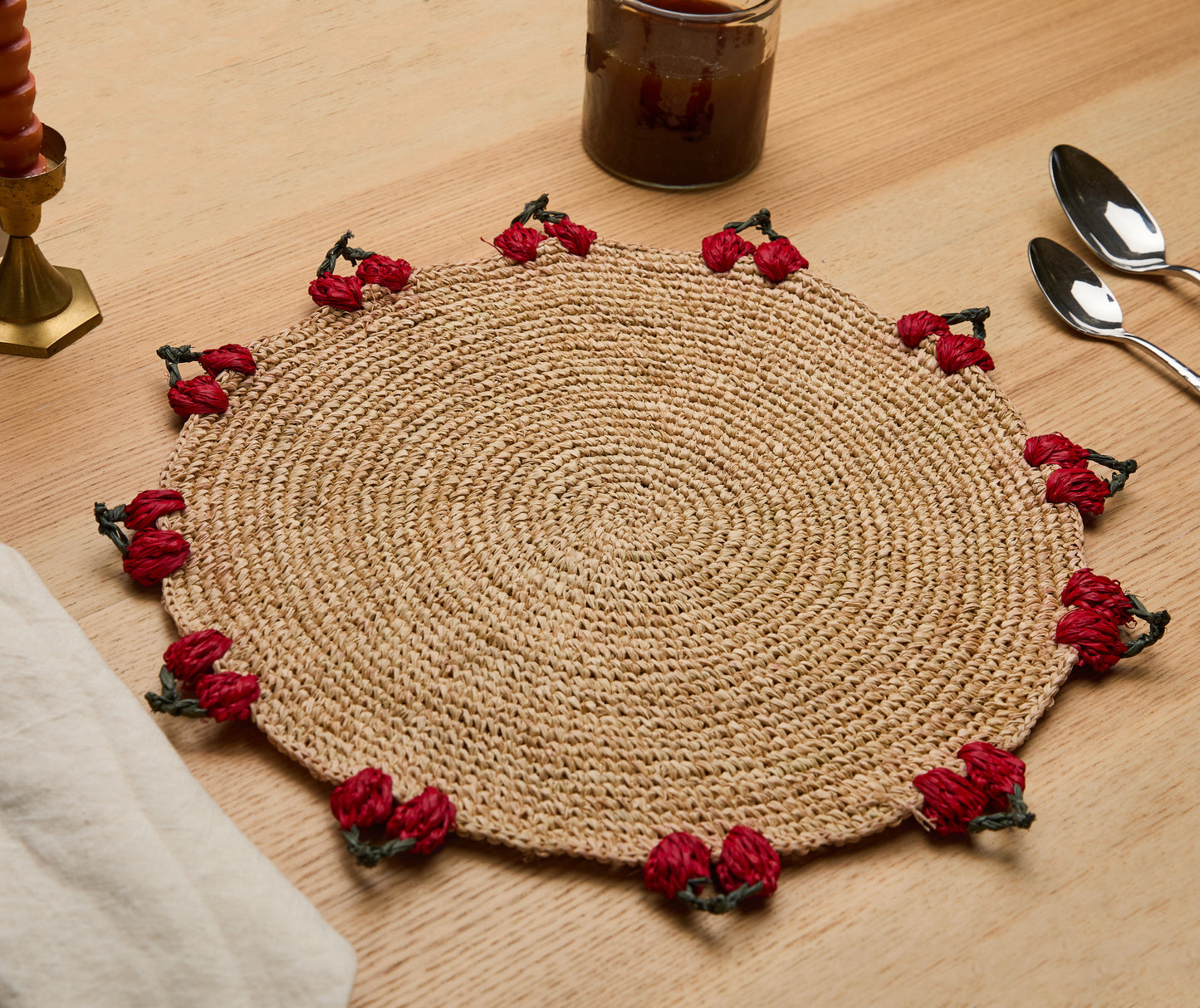 Cherry Scalloped Edge Placemat | Hand-Crocheted Raffia