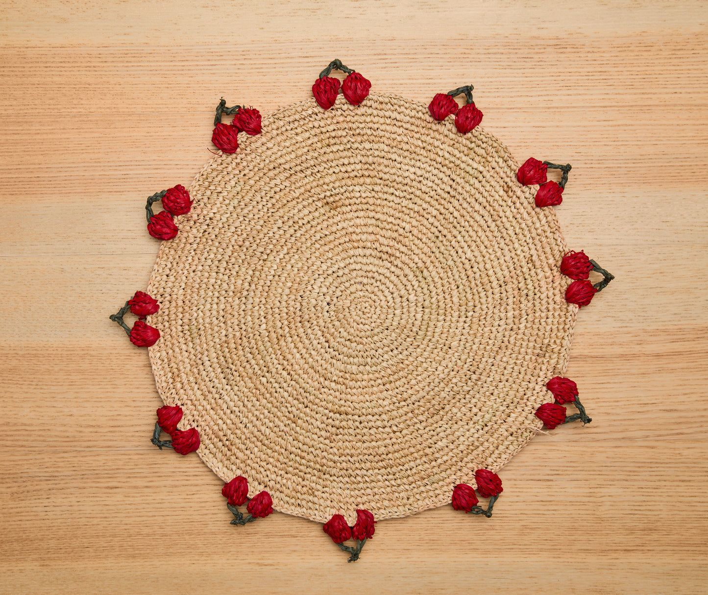 Cherry Scalloped Edge Placemat | Hand-Crocheted Raffia