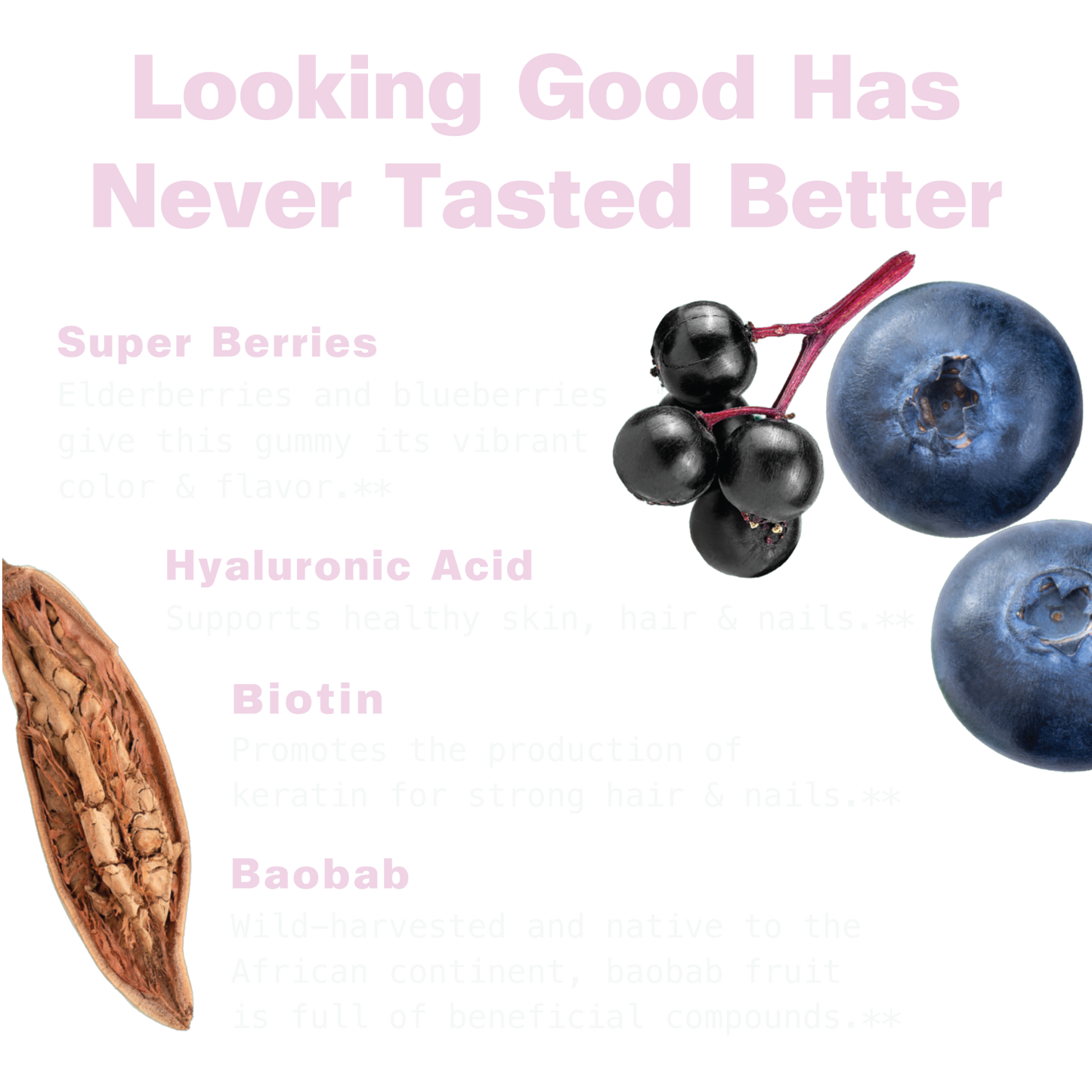 Hyaluronic Acid, Biotin + Baobab Superfood Gummies