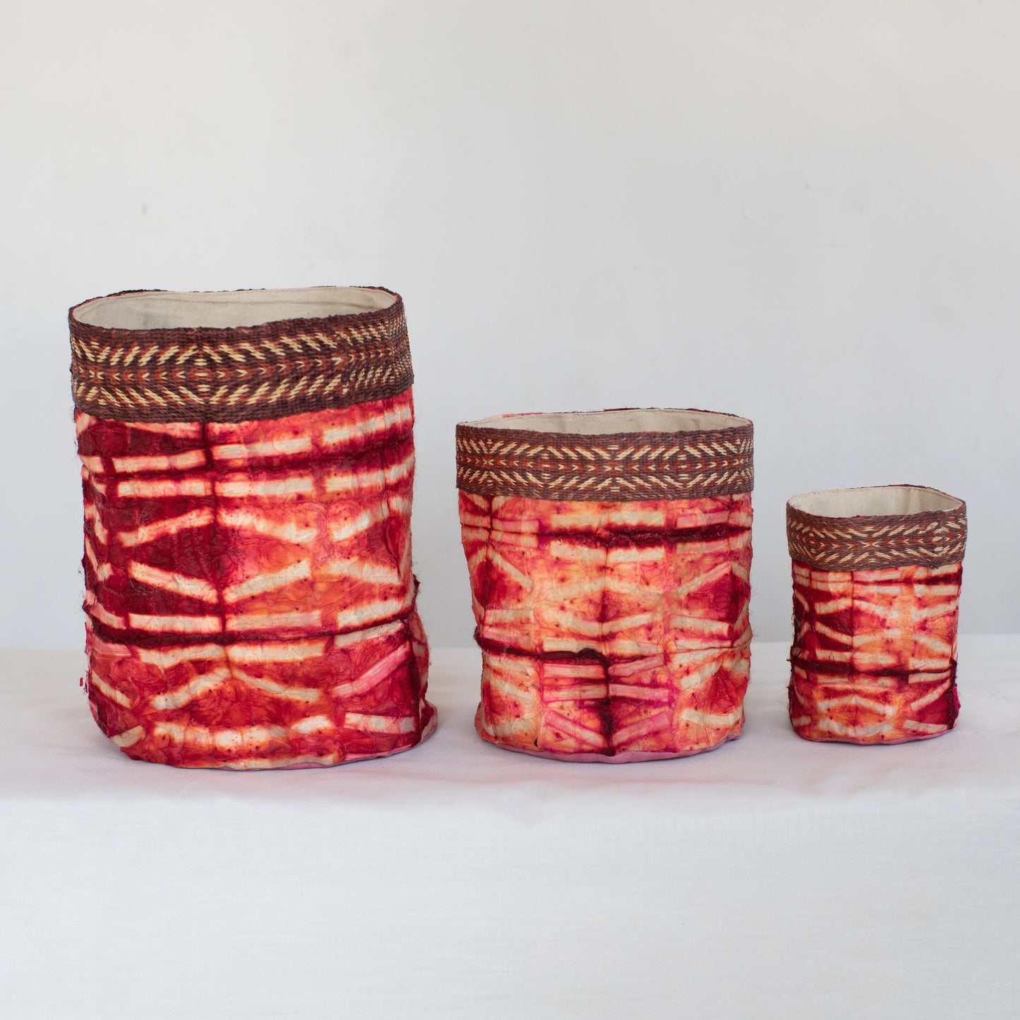 Wild Silk Shibori Basket | Stick Pattern - Ruby & Natural