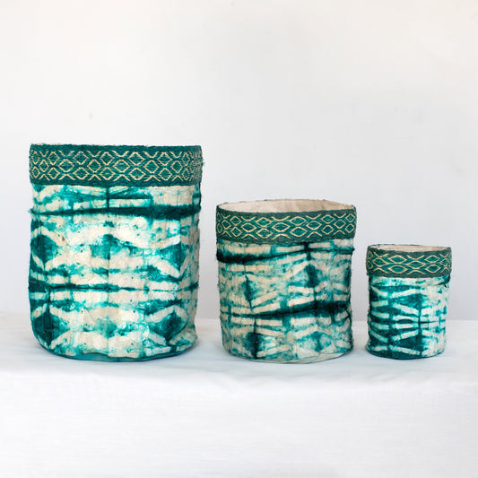 Wild Silk Shibori Basket | Stick Pattern - Emerald & Natural