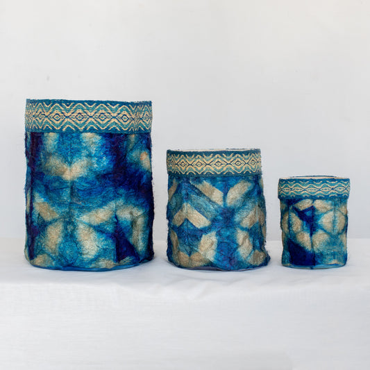 Wild Silk Shibori Baskets | Turtle Pattern | Sapphire & Natural