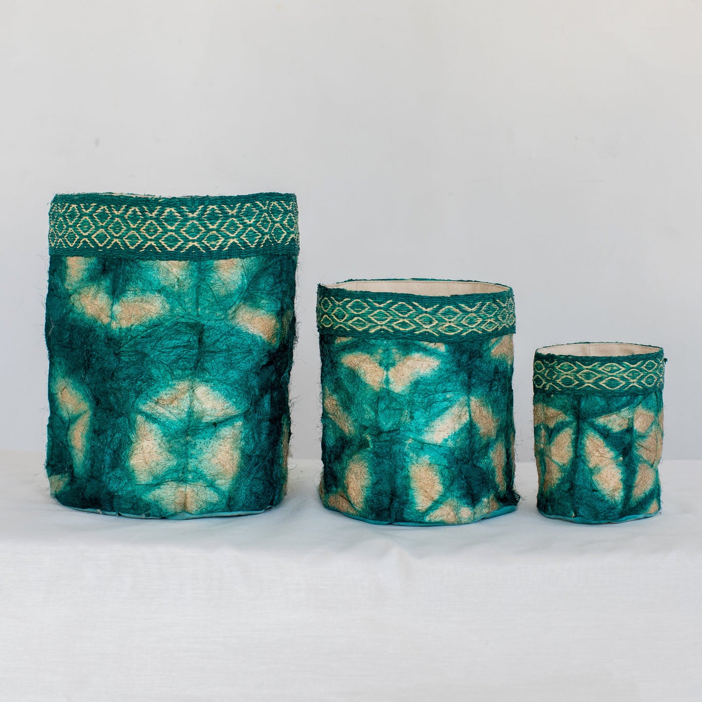 Wild Silk Shibori Baskets | Turtle Pattern - Emerald & Natural