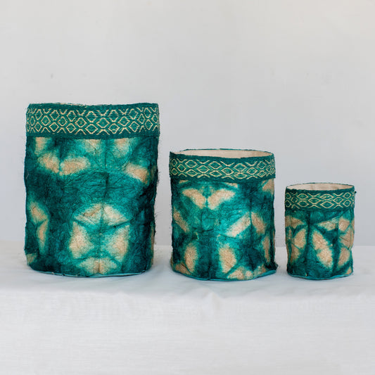Wild Silk Shibori Baskets | Turtle Pattern - Emerald & Natural