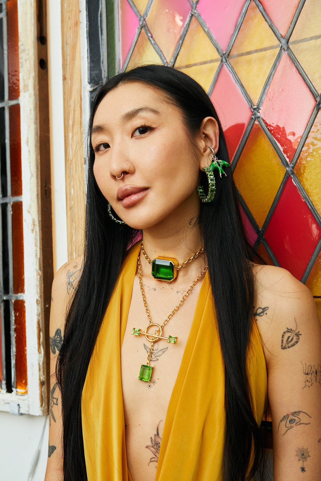 Gem Drop Toggle Necklace in Green Envy | Gold