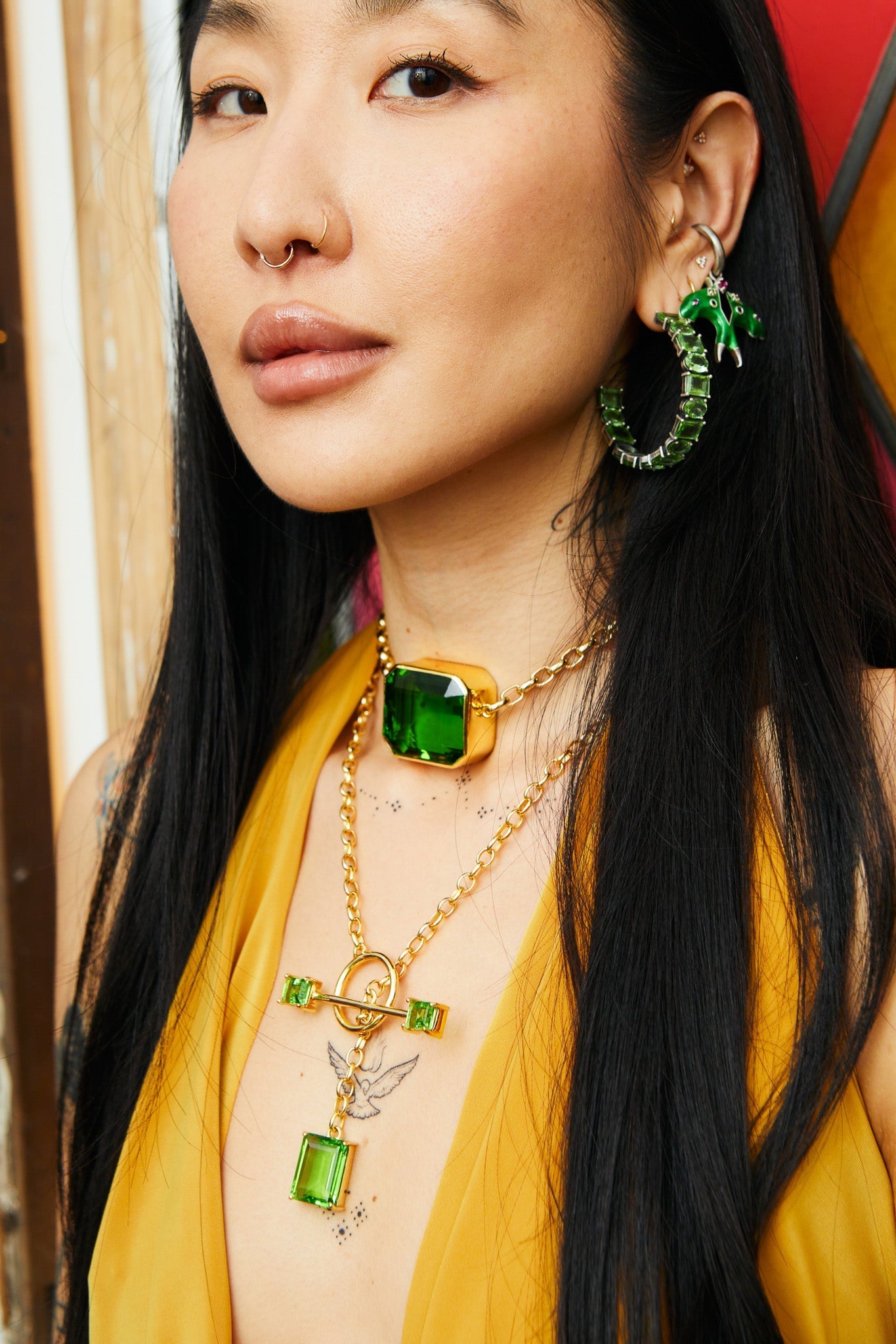 Gem Drop Toggle Necklace in Green Envy | Gold