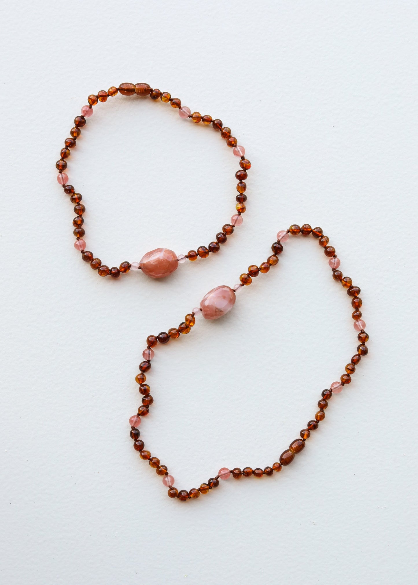 Cognac + Cherry Baltic Amber + Rose Quartz Necklace | Adult + Child Set