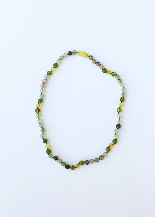 Raw Baltic Sea Amber + Fluorite + Peridot Gemstone Necklace