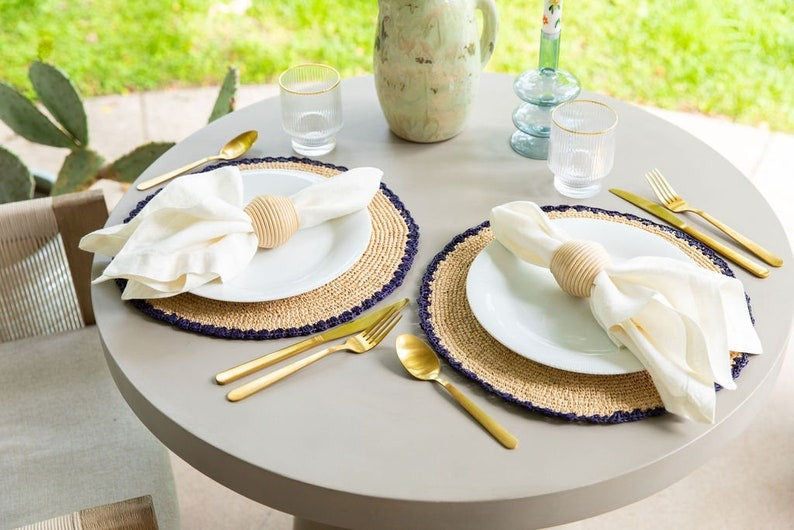 Handwoven Aura Blue Edge Placemat | Rustic Woven Raffia Tabletop Decor