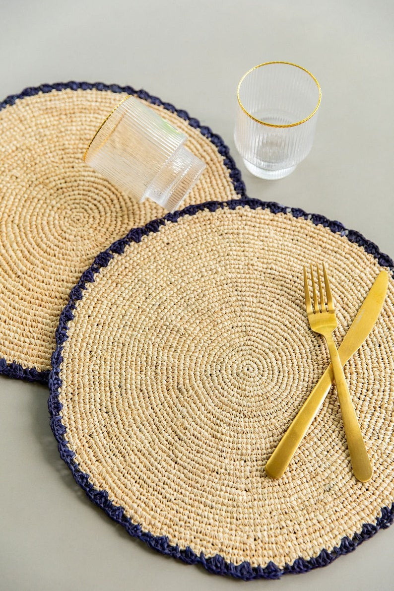 Handwoven Aura Blue Edge Placemat | Rustic Woven Raffia Tabletop Decor