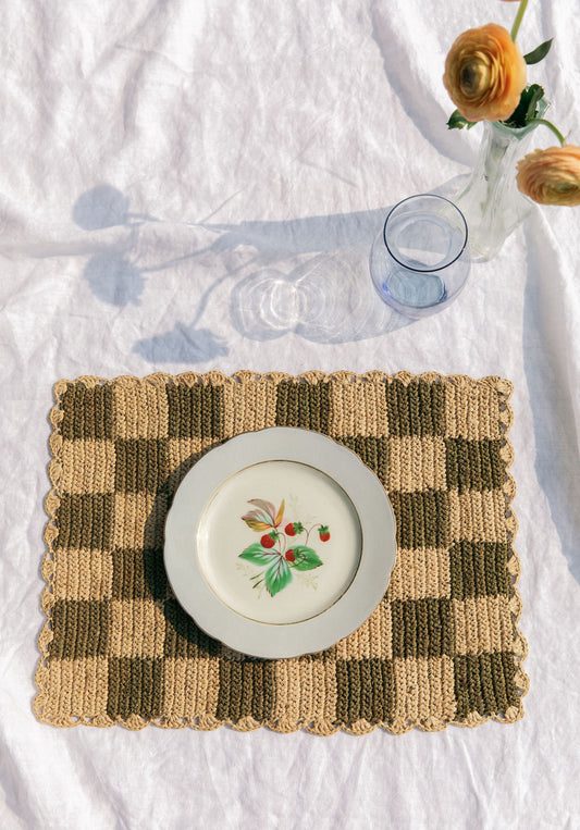 Green checked Placemat | Rectangular raffia tabletop