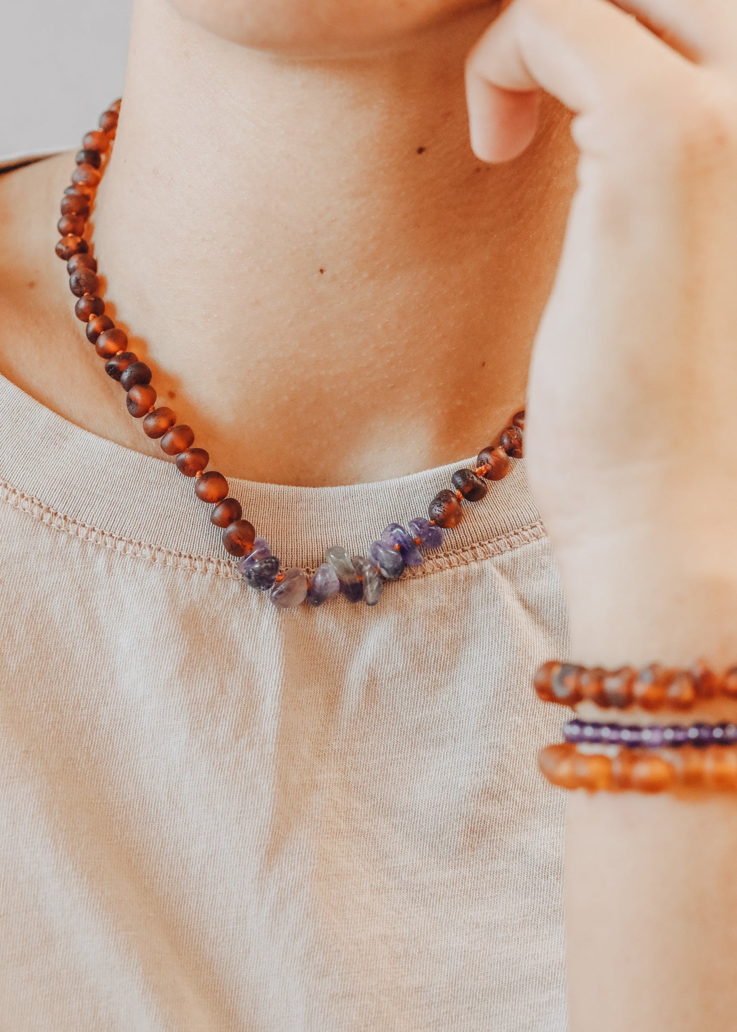 Raw Cognac Baltic Amber + Raw Amethyst Necklace