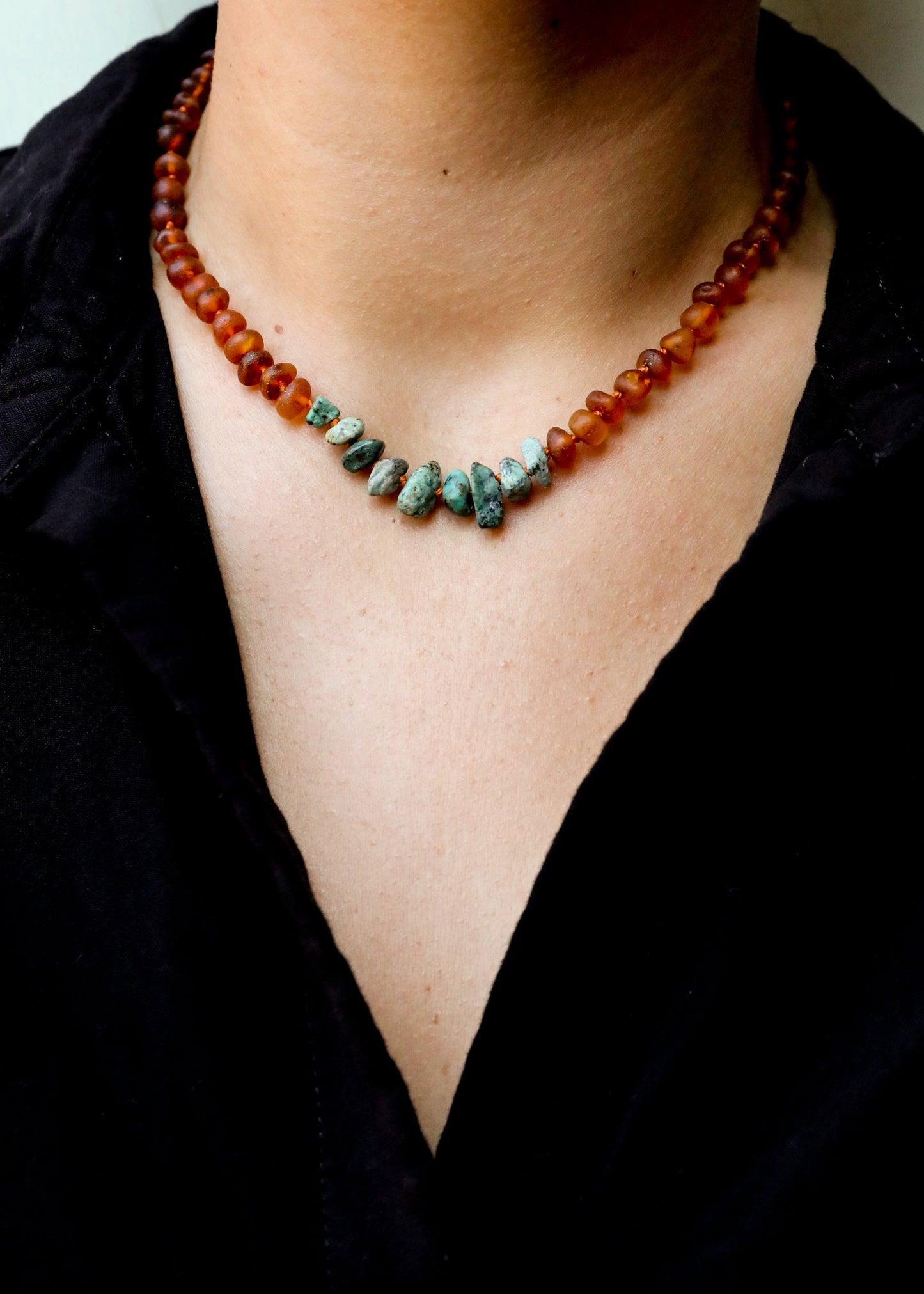 Raw Cognac Baltic Amber + Raw Turquoise Jasper Necklace