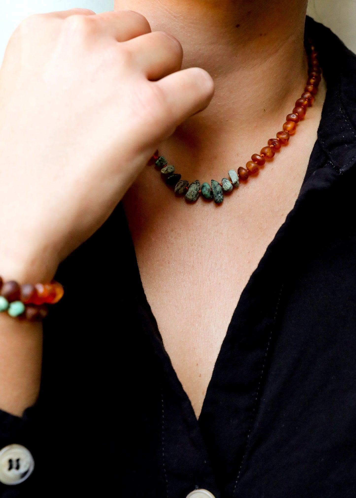 Raw Cognac Baltic Amber + Raw Turquoise Jasper Necklace