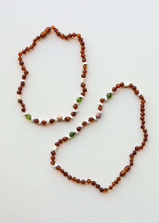 Cognac Baltic Amber + Peridot + Rhodonite Necklace | Adult + Child Set